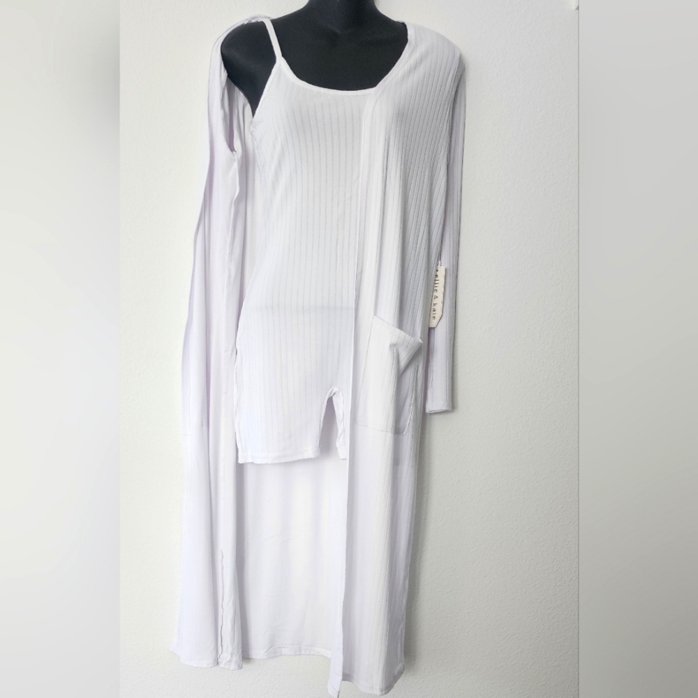 Ellie & kate White Romper Round Neck Sleeveless Ribbed & Long Cardigan W/Pockets